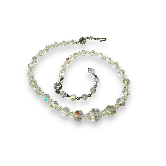 Vintage Aurora Borealis Crystal Necklace 14.5-17” Clip On Cluster Earrings Set - Picture 5 of 7